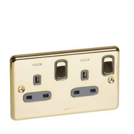 Legrand Synergy Authentic - 2 gang switched double pole BS socket outlet 13A + blue led power indicator -