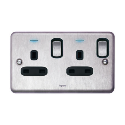 Legrand Synergy Authentic - 2 gang switched double pole BS socket outlet 13A + blue led power indicator -