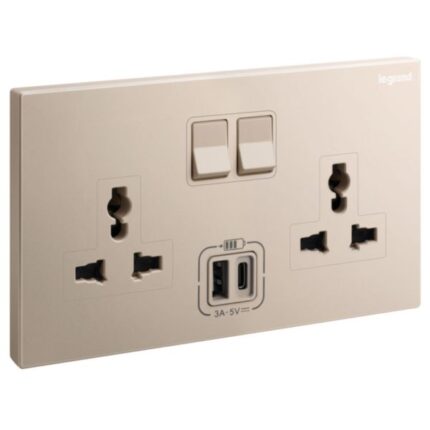 Galion - 2 gangs Multistandard switched socket outlet with 3A type-A and type-C USB chargers -