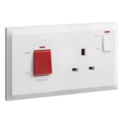 Legrand Belanko S - 2 gang double pole switch - 45A + BS switched socket outlet neon with cooker marking - 13A -
